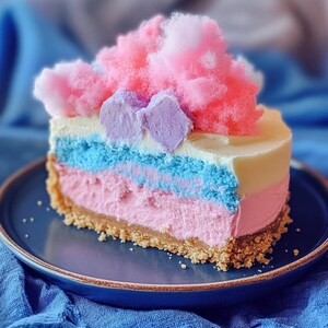 May include: A slice of layered cheesecake with pink, blue, and white frosting, topped with pink and white cotton candy.