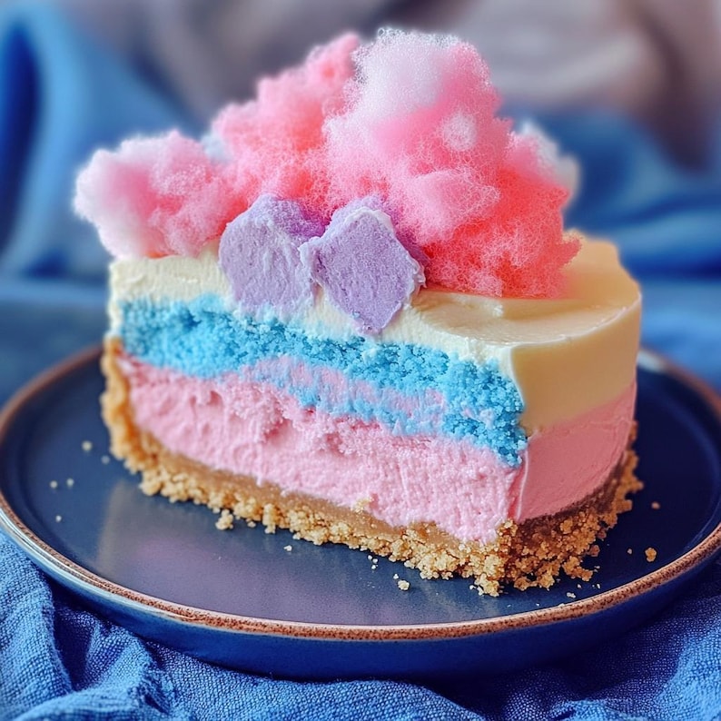 May include: A slice of layered cheesecake with pink, blue, and white frosting, topped with pink and white cotton candy.