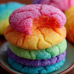 Könnte beinhalten: Ein Stapel bunter, regenbogenfarbener Zuckerkekse. Der oberste Keks ist rosa mit einem Biss, der ein orangefarbenes Inneres freilegt. Die Kekse darunter sind orange, gelb, grün, lila und blau, alle mit glitzerndem Zucker überzogen.