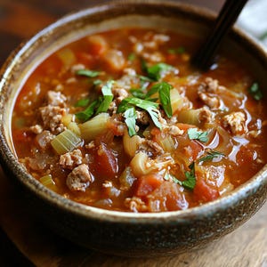 Puede incluir: Un tazón de sopa de tomate abundante con carne picada, verduras y albahaca fresca.