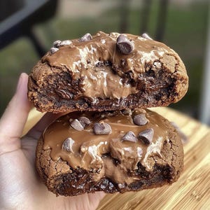 May include: Two halves of a chocolate cookie, revealing a rich, creamy filling. The top is coated with a smooth chocolate glaze and sprinkled with chocolate chips. The cookie has a soft, textured appearance, suggesting a homemade treat.
