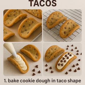 Op de afbeelding: Een stapsgewijze handleiding voor het maken van cheesecake-koekdeeg-tacos. De afbeelding toont vier stappen: het bakken van het koekdeeg in taco-vormen, het afkoelen van de tacos op een rooster, het vullen van de tacos met cheesecake en het garneren met chocoladechips.