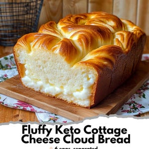 Könnte beinhalten: Ein Laib fluffiges Keto-Hüttenkäse-Wolkenbrot, aufgeschnitten, um ein weißes, cremiges Inneres zu zeigen. Das Rezept enthält 6 Eier, 1/2 Teelöffel weißen Essig, 113 Gramm Hüttenkäse und 1/2 Teelöffel Backpulver.