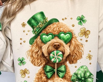 Golden Doodle St. Patrick's Day Clipart, Dog with Clover Sweater (PNG)