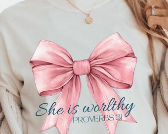 She is Worthy Bow PNG, Women Christian Png, Cute Christian Coquette Png, Girly Faith Png, Trendy Christian Shirt Png, Religious Png, Faith