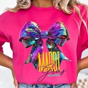 Camisa de sublimação de laço de carnaval PNG Coquette Bow Mardi Gras Camisa de festival de Louisiana de contas de carnaval de Nova Orleans Camisa de laço brilhante