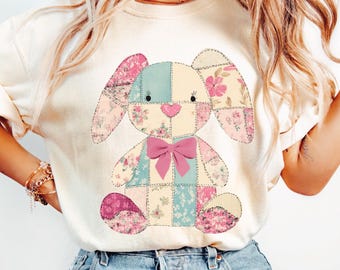 Conejito de Pascua con parches florales PNG, bordado falso femenino PNG, feliz Pascua vintage PNG, conejito retro PNG, diseños de sublimación de vacaciones de Pascua