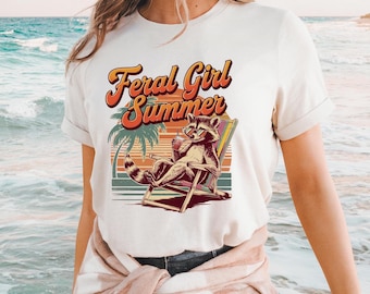 Feral Girl Summer Raccoon Beach Shirt Design (PNG)