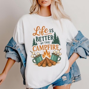 Watercolor Camping Mug and Marshmallows by Campfire with Trees and Quote “Life is Better by the Campfire” in Cozy Retro Style, Camping Png