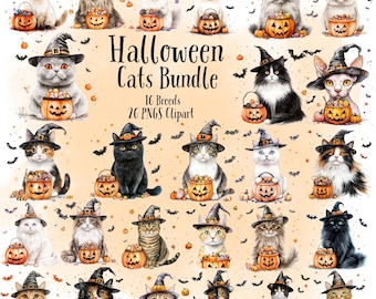 Halloween Katzen Clipart - Aquarell Katzen in Kostüm, PNG Dateien