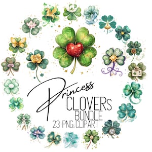 Trèfle à quatre feuilles Princesse Conte de fées | Art du trèfle de la Saint-Patrick | Décoration aquarelle verte porte-bonheur | Ensemble trèfle celtique enchanté
