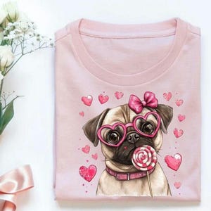 Pug Valentine Png, Coquette Dogs png, Valentine Dog Mama Valentines Lollipop e Óculos em Forma de Coração Pink Dogs Doodle Mom Png Dog Mom Png