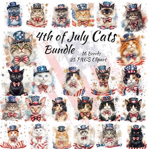 Bundle de cliparts chats du 4 juillet – 16 races, 25 PNG, art patriotique de chat, sublimation de chaton des États-Unis, illustration d'animal de compagnie de jour de l'indépendance