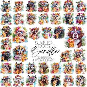 Summer Dogs Clipart Bundle, 32 Breeds, Tropical Dog PNG, Summer Pet Sublimation, Cute Dog Illustration, Hawaiian Dog Art, Digital Download