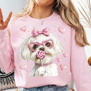 Maltese Terrier Coquette PNG Coquette Valentines PNG White Dog Mom Coquette PNG Maltipo sublimatie shirtontwerp roze hond coquette strik roze