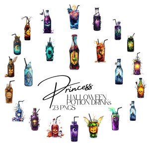 Può includere: Illustrazioni ad acquerello di 23 bevande di pozioni di Halloween in varie bottiglie e bicchieri. L'immagine include il testo "Princess Halloween Potion Drinks" e "23 PNGs". Le bevande presentano disegni spettrali e magici.