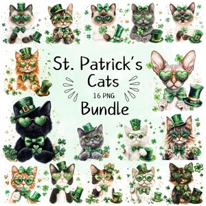 May include: A digital clipart bundle of 16 St. Patrick's Day themed cats. The cats are wearing green hats, sunglasses, and bow ties. Some cats are holding shamrocks. The background is a light green with shamrocks and glitter.