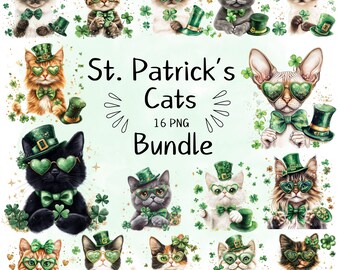 May include: A digital clipart bundle of 16 St. Patrick's Day themed cats. The cats are wearing green hats, sunglasses, and bow ties. Some cats are holding shamrocks. The background is a light green with shamrocks and glitter.