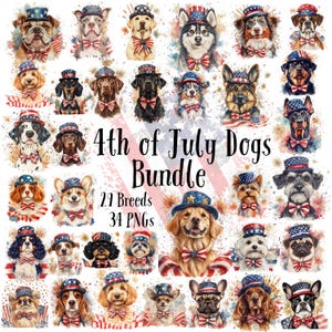 4 juillet chien PNG Bundle, aquarelle chien patriotique des cliparts, sublimation de chien fête de l'indépendance des États-Unis, vintage 4 juillet chien, drapeau Art
