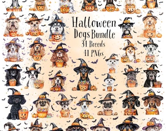 Halloween Dog Watercolor Clipart – 41 PNG Art Bundle (Digital Download)