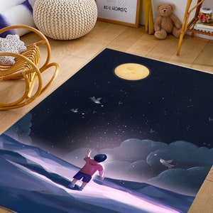 Alfombra infantil con diseño de luna, decoración de habitación infantil, alfombra para habitación de niño, alfombra con diseño de luna en acuarela, alfombra infantil Daydreams, tapete de juegos para niños, alfombra infantil con diseño de luna y estrellas