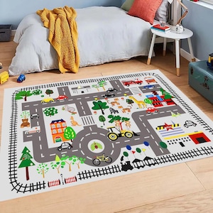 Stadsplattegrond met wegentapijten, stadskaart verkeerstapijt voor kinderen, vloerkleed kinderkamer, vloermat kinderkamer, decoratie kinderkamer, vloerkleed kinderkamer, vloerkleed kinderkamer