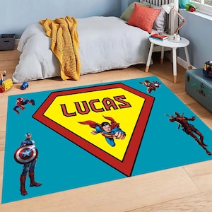 Personalized Superhero Rug for Kids, Custom Name Play Mat, Boys Room Carpet, Soft Bedroom Rug, Superhero Decor, Gift for Kids