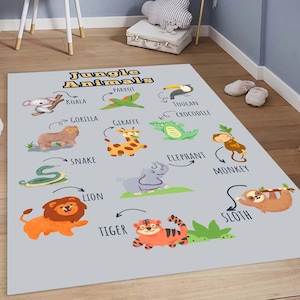 Jungle Animals Rug for Kids, Kindergarten Educational Play Mat, Learning Carpet, Safari Theme Nursery Decor, Playroom Floor Mat for Toddlers