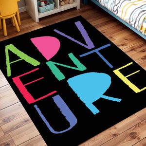 Adventure Kids Room Rug, Colorful Playroom Carpet, Fun Typography Area Rug, Soft Bedroom Mat, Bold Lettering Floor Decor, Gift for Children