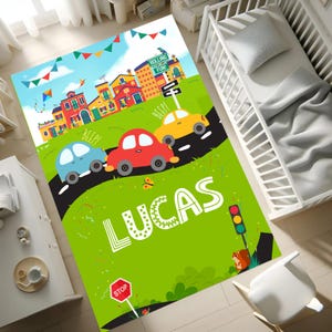 Personalized Kids Car Rug, Custom Road Play Mat With Name, Fun Traffic Theme Rug, Boys Bedroom Decor, Toddler Playroom Carpet, Gift For Kids