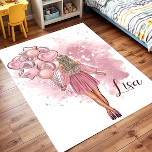 Personalized Girl Birthday Gift, Name Rug with Pink Balloons – Custom Bedroom Carpet for Kids, Teens or Nursery Room Floor Mat, Party Gift