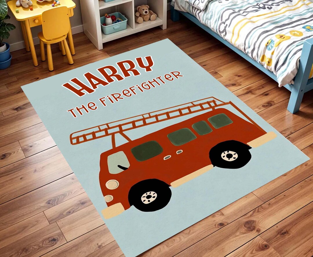 Personalized Fire Truck Rug for Kids Room, Birthday Firefighter Party ...