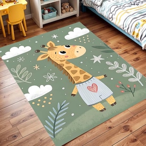 Cute Giraffe Rug for Kids Room with Cloud and Leaf Design Soft Animal Nursery Carpet for Baby Toddler Bedroom or Jungle Playroom Decor