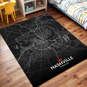 Tapis moderne en forme de carte de Nashville, noir et blanc, décoration de sol design rue de ville pour salon, chambre, bureau ou dortoir, idée cadeau pour la maison