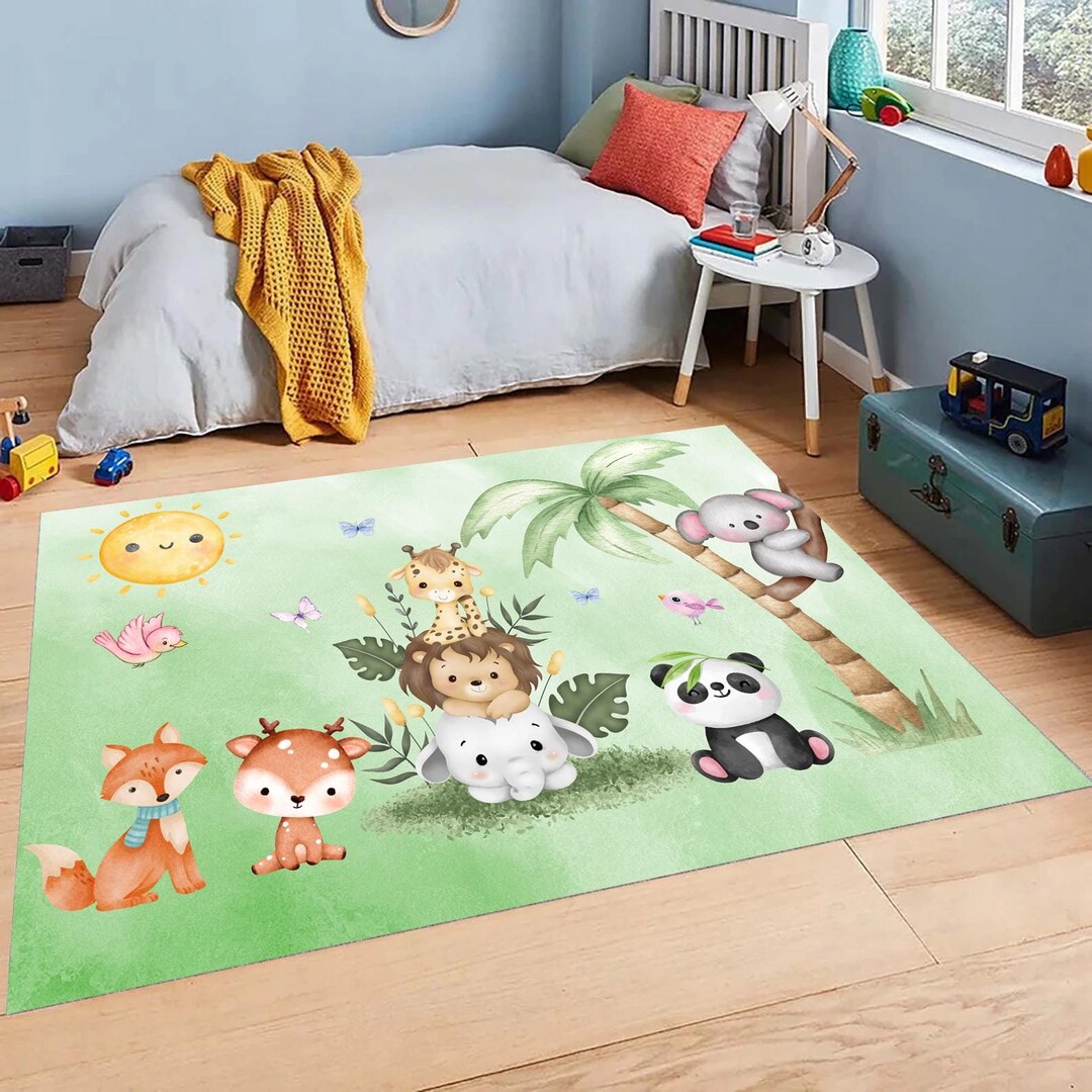 Safari Animals Rug, Watercolor Cute Animals Decor, Watercolor Jungle ...