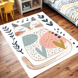 Alfombra de gato colorida para habitación infantil o guardería con diseño de animales de dibujos animados caprichosos, alfombra de juego suave y antideslizante para bebés y niños pequeños.