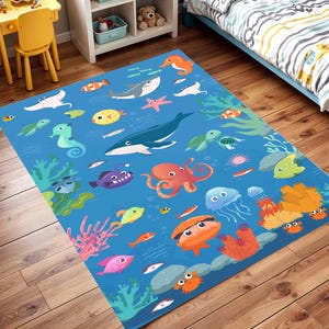 Colorful Underwater Ocean Kids Rug with Sea Creatures and Coral Design, Fun Educational Marine Life Play Mat for Nursery and Playroom