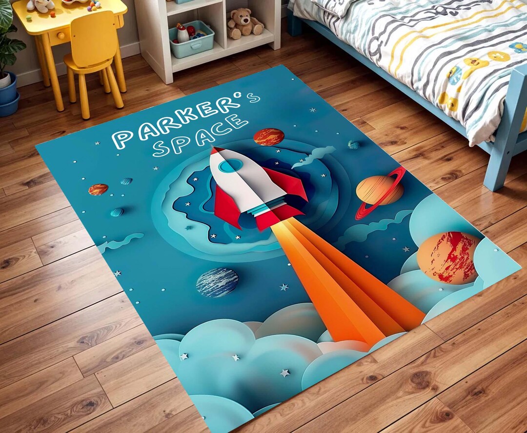 Personalized Space Rocket Rug, Custom Name Galaxy Play Mat, Outer Space ...