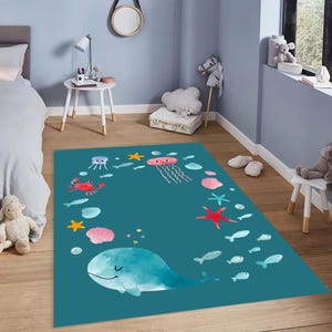 Ocean Theme Kids Rug, Cute Sea Life Play Mat, Soft Nursery Carpet, Marine Animals Playroom Rug, Non Slip Toddler Area Rug, Underwater Decor