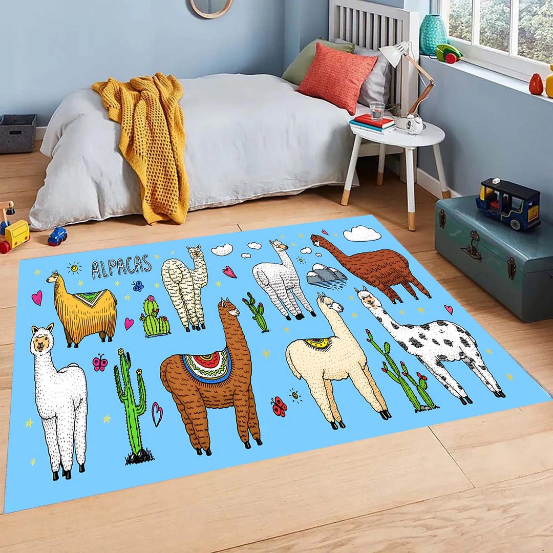 Cute Alpaca Kids Rug, Soft Playroom Carpet With Llama and Cactus Design ...