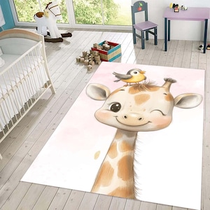 Bonita alfombra de guardería con diseño de jirafa de dibujos animados y pájaro para habitación de bebé, suave alfombra de juego de animales para dormitorio infantil y decoración de suelo para niños.