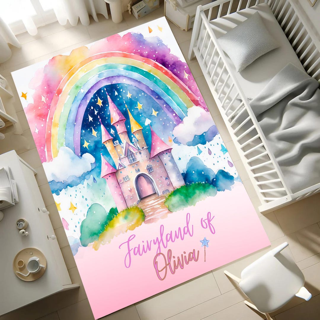 Personalized Fairyland Rug for Girls, Custom Name Castle Play Mat ...