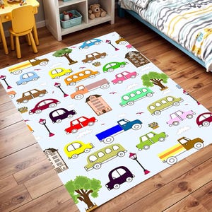 Colorful Cars Kids Rug, Playroom Floor Mat, Cartoon Vehicle Nursery Carpet, Soft Toddler Play Mat, Boys Bedroom Decor, Gift for Children