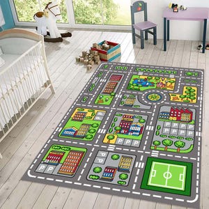 Stadskaart speelkleed voor kinderkamer | Kleurrijk stadsbaantapijt voor speelgoedauto's | Interactieve vloermat in de speelkamer voor de kinderkamer