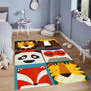Alfombra con caras de animales de colores para habitación infantil con diseño de león, zorro, panda y tigre, suave alfombra de dibujos animados para habitación de bebé o niño pequeño.