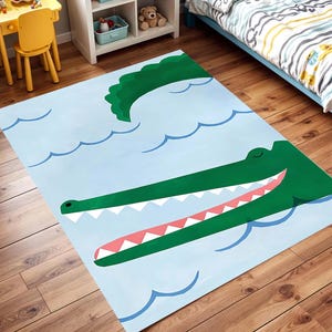 Funny Crocodile Rug for Kids Room with Water Wave Design Cute Cartoon Animal Nursery Carpet for Baby Toddler Bedroom or Playroom Decor