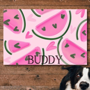 Personalized Dog Bowl Food Mat with Name Watermelon Design Custom Waterproof Pet Feeding Mat Non Slip Placemat for Puppy Dog Food Water