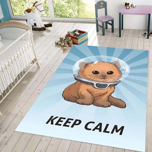 Alfombra de gato Keep Calm para habitación infantil con divertido diseño de casco espacial, linda alfombra de animales de dibujos animados para decoración de dormitorio infantil o de niños.
