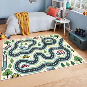 Bunter Kinder Straßenkarte Spielmatte Teppich für Schlafzimmer oder Kinderzimmer, rutschfester weicher Teppich mit Autospur Design für Jungen und Mädchen Raumdekor