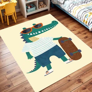 Cool Alligator Rug for Kids Room with Skateboard Cartoon Design Fun Animal Nursery Carpet for Toddler Bedroom or Playroom Decor